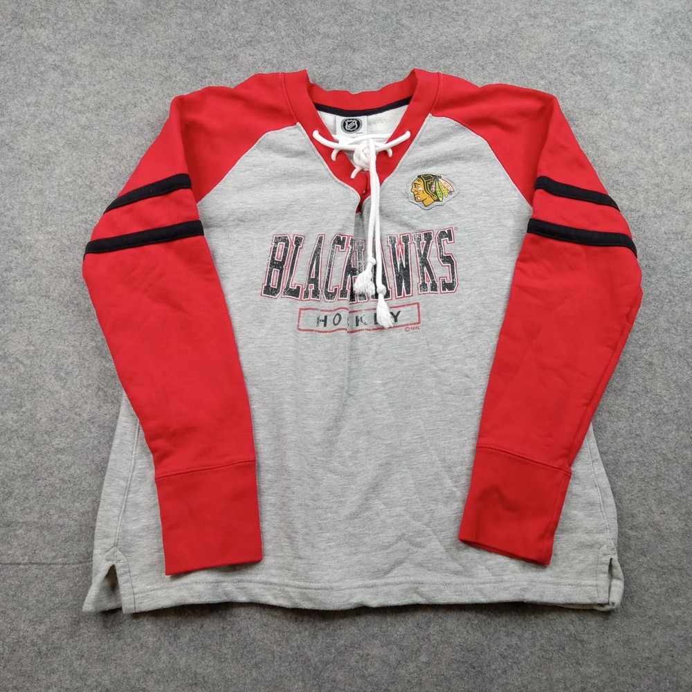 Chicago Blackhawks Shirt Mens Large Gray Red NHL Hockey Lace Up Long Sleeve